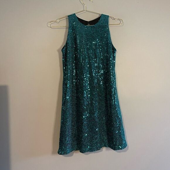 VTG All That Jazz Sequin Turquoise Sleeveless Dance Dress | SZ 5/6/Small - Picture 3 of 12